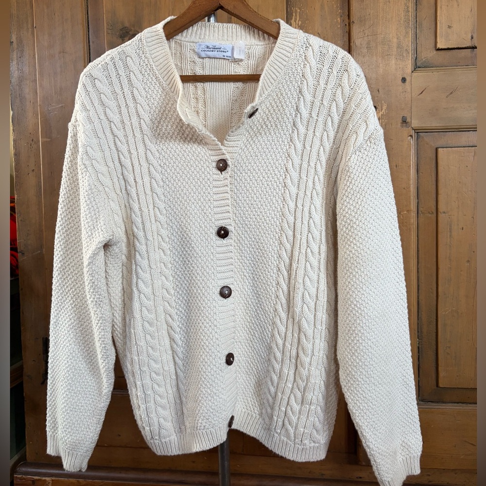 VINTAGE Vermont Country Store Cable Knit Cream Cardigan Sweater Made in USA